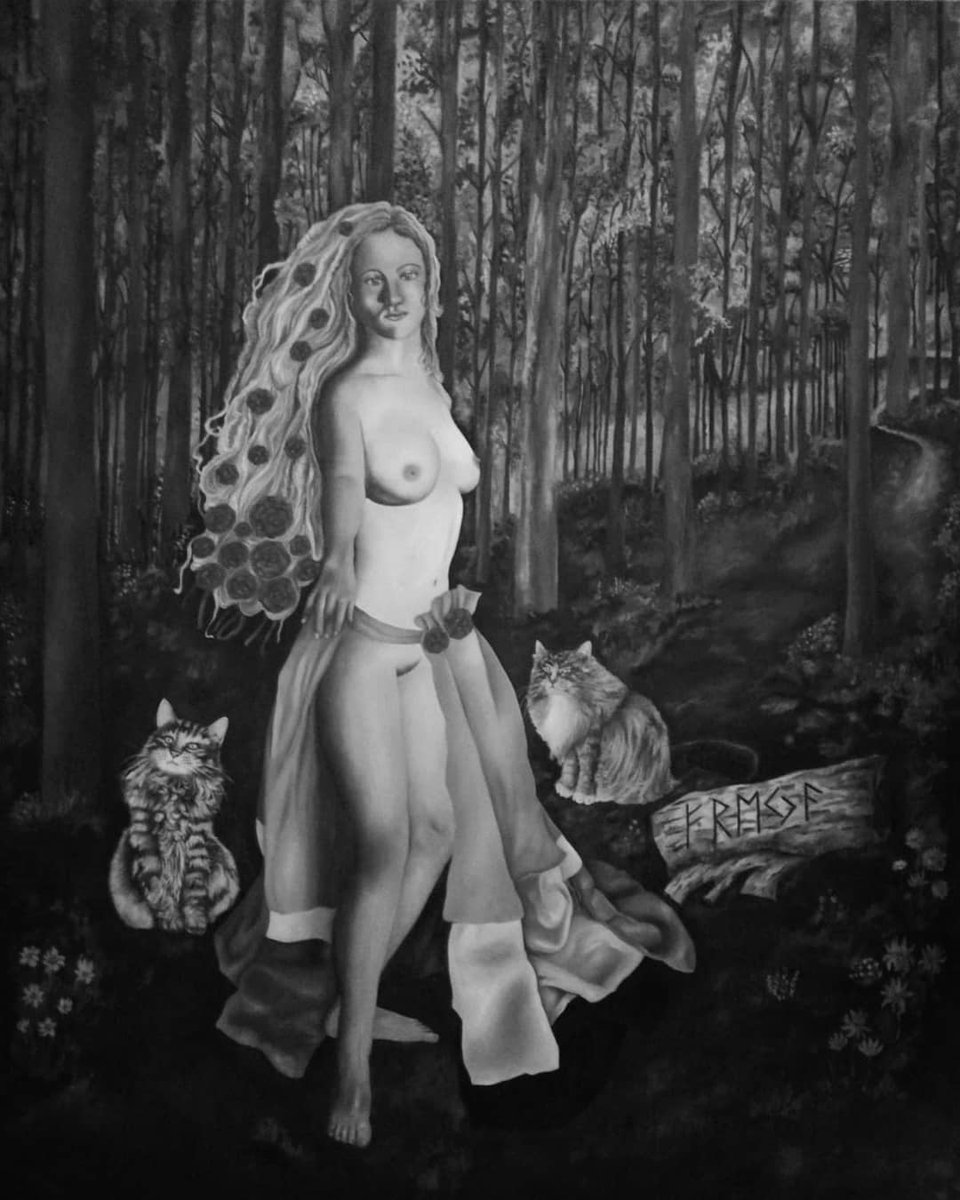'Fehu Freyja'olio su tela 88×109 
Ottobre 2019. Secondo progetto creativo.🖤🎨🖌️💖 
#oliosutela #PennellatePoetiche  #rune  #fehu #Freyja #forest #paesaggiinteriori #gatti #fiori #composition #mitologianorrena 
#DonneInArte