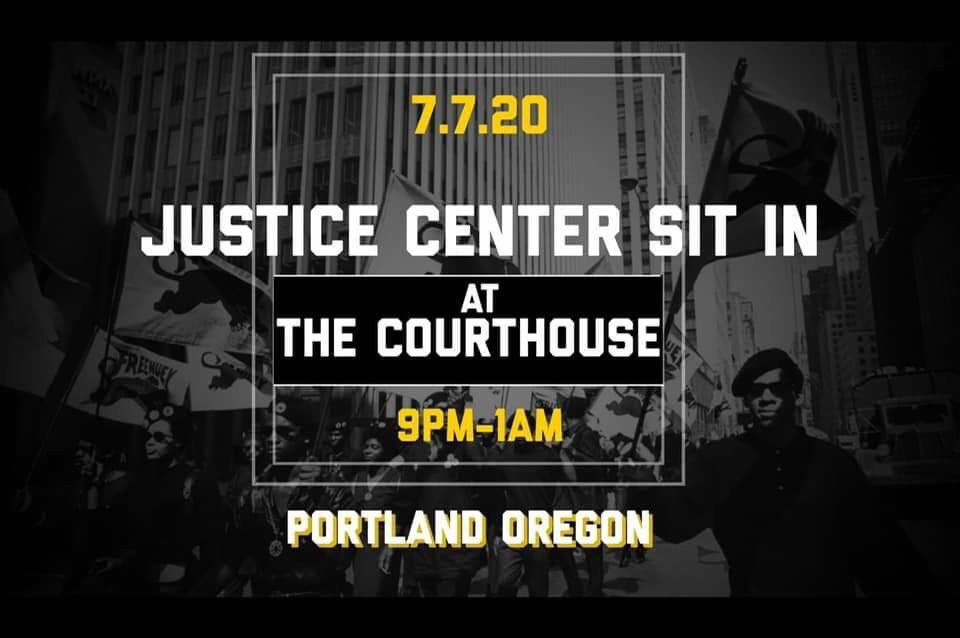 PNWYLF’s event was called for 10pm at the justice center. PPB’s was called for the courthouse, from 9pm-1am. When our reporters arrived about 9:30, folks in Protest Bureau hoodies were leading crowd to courthouse steps for a sit in. Many YLF folks were present for this as well 5/