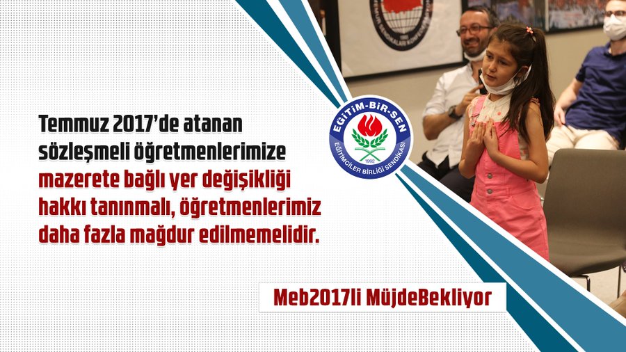 <a href="/_aliyalcin_/">Ali YALÇIN</a> <a href="/tcmeb/">Millî Eğitim Bakanlığı</a> Mazerete bağlı yer değişikliği hakkı 2017 yılında göreve başlayan sözleşmeli öğretmenlerimizden esirgenmemelidir.

Meb2017li MüjdeBekliyor 

<a href="/ziyaselcuk/">Ziya Selçuk</a> <a href="/safran1958/">Mustafa SAFRAN</a>
<a href="/omerinan06/">Ömer İNAN</a> @demiiryakup
<a href="/tcmeb/">Millî Eğitim Bakanlığı</a>

 #EğitimBirSen