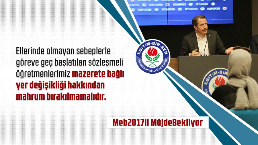 <a href="/_aliyalcin_/">Ali YALÇIN</a> <a href="/tcmeb/">Millî Eğitim Bakanlığı</a> Ellerinde olmayan sebeplerle göreve geç başlatılan sözleşmeli öğretmenlerimiz mazerete bağlı yer değişikliği hakkından mahrum bırakılmamalıdır.

Meb2017li MüjdeBekliyor

<a href="/ziyaselcuk/">Ziya Selçuk</a> <a href="/omerinan06/">Ömer İNAN</a>
@demiiryakup

 #EğitimBirSen