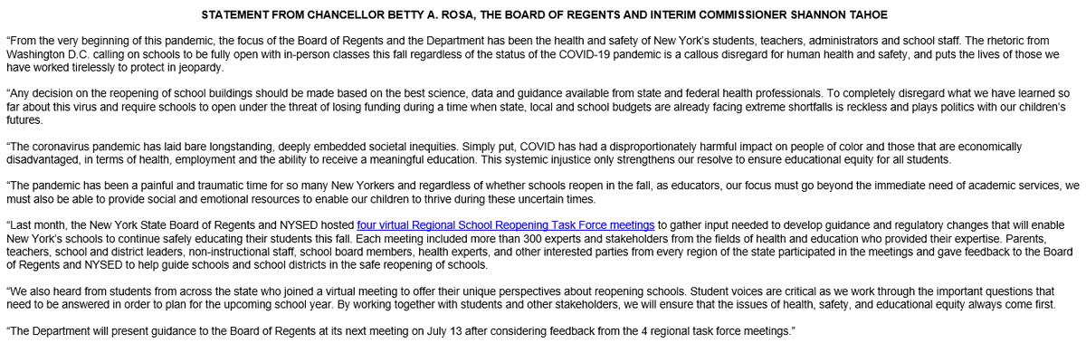 Statement From Chancellor Betty A. Rosa, the Board of Regents and Interim Commissioner Shannon Tahoe: bit.ly/2Z8WRUg