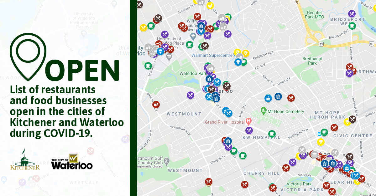 Check out this handy custom Google map of restaurants, cafes, grocery stores &amp; bodegas in Kitchener &amp; Waterloo that are open &amp; offering pick-up, curbside or delivery services during the pandemic: bit.ly/3e2M6Yj

Add your business to the map: bit.ly/2zUA3NY
