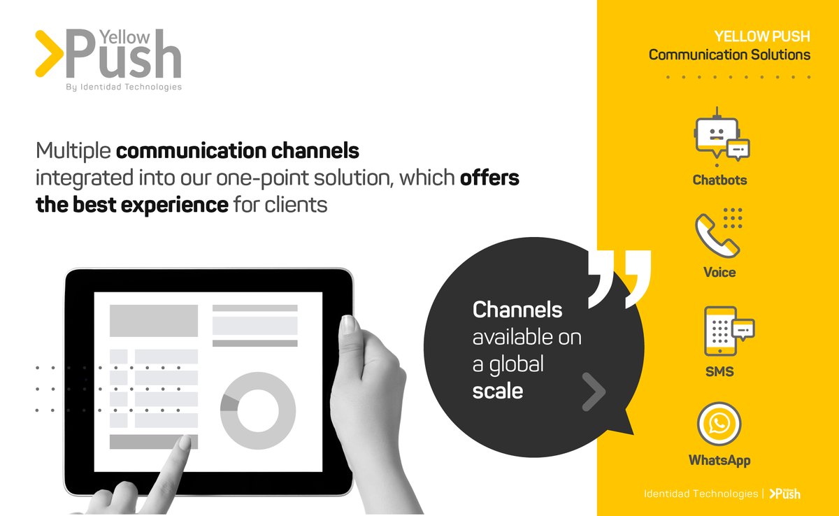 IdentidadFund's tweet photo. 👏#YellowPush Multiple communication channels integrated into our one-point solution, which offers the best experience for clients🤖#Chatbots📞#Voice💬#SMS 📱#WhatsApp https://t.co/ZBEmZnqow8