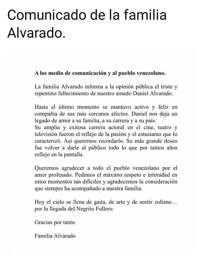 Comunicado Oficial, de parte de la Familia Alvarado. Descansa en Paz Daniel Alvarado.