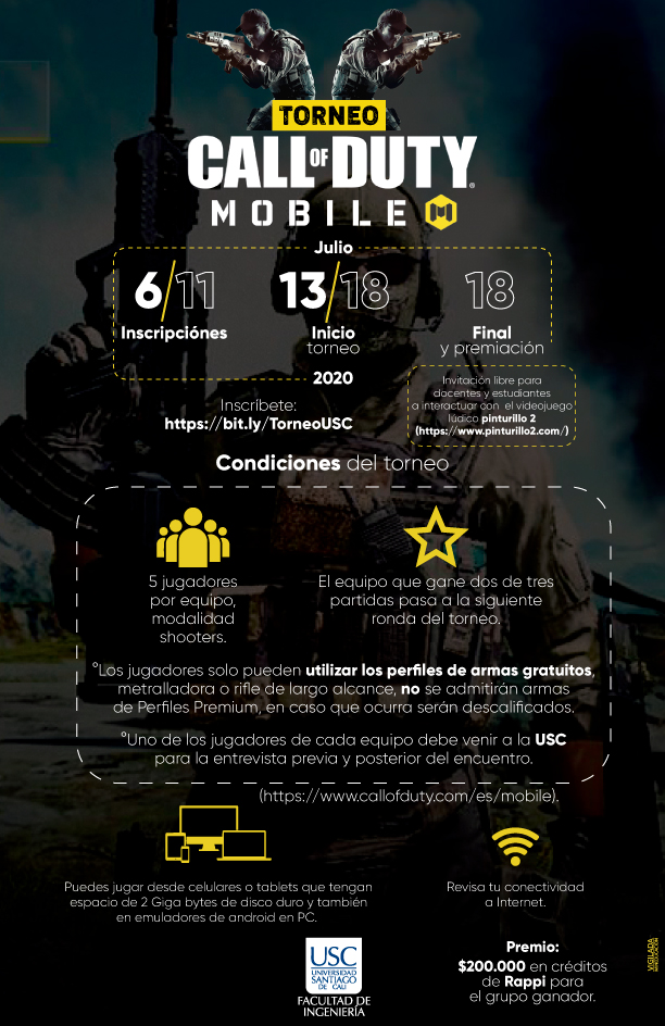 usantiagodecali's tweet photo. #EventosUSC | Nuestra Facultad de Ingeniería invita a la comunidad santiaguina al Torneo Call of Duty Mobile. ¡Inscríbete y participa!
Link de inscripción: https://t.co/vrt1UfyJbn
#LaSantiagoSomosTodos #USCcali #SúperUSC https://t.co/rcFOWAuMb6