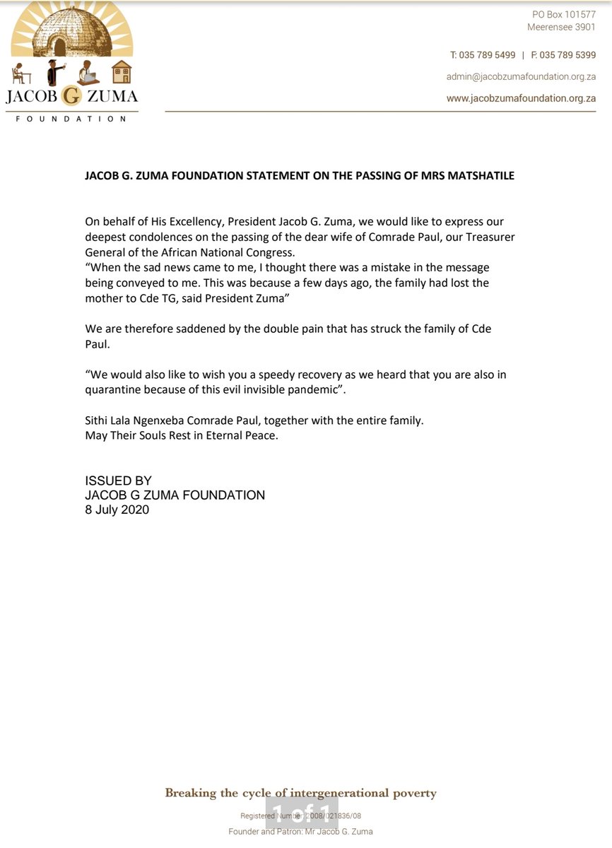 jgzfoundation's tweet photo. President Zuma sends His Condolences to His Comrade Paul, the TG of ANC https://t.co/d2ZtXuBJYd