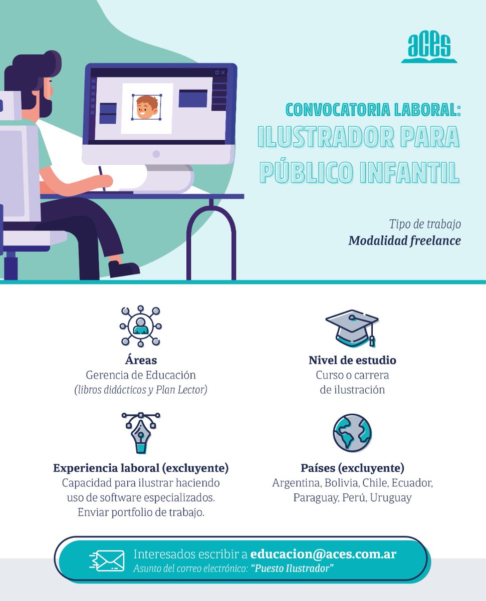 ACESeducacion's tweet photo. #ConvocatoriaLaboral

Estamos buscando un ilustrador para público infantil para formar parte del equipo de educación, a través de la modalidad 𝙛𝙧𝙚𝙚𝙡𝙖𝙣𝙘𝙚

📩 Envíanos tu CV con portfolio de trabajo a educacion@aces.com.ar bajo el asunto "𝗣𝘂𝗲𝘀𝘁𝗼 𝗜𝗹𝘂𝘀𝘁𝗿𝗮𝗱𝗼𝗿" https://t.co/j8maCBWB0K