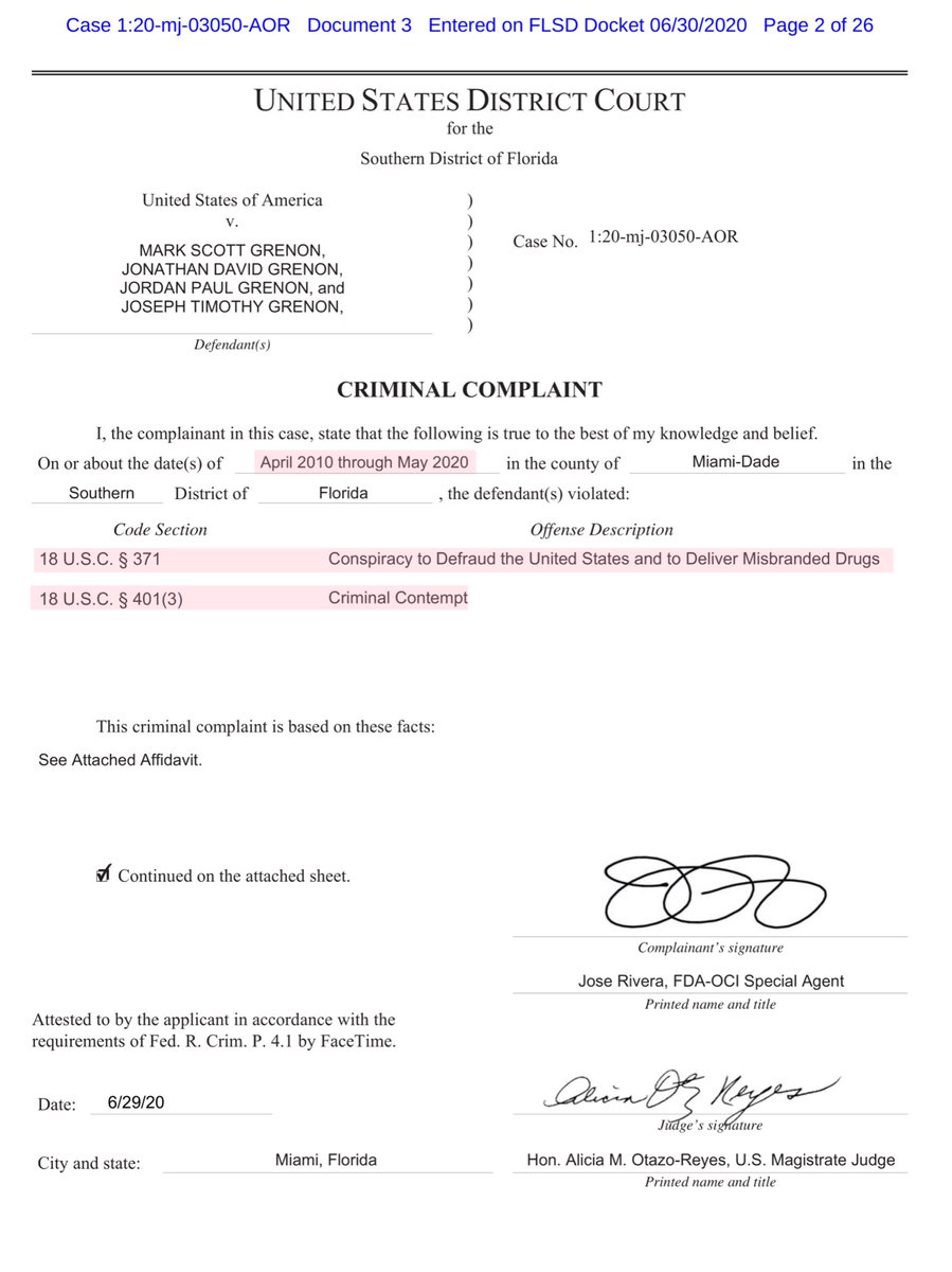 United Statesv. Grenon et alMJ Case No: 1:20-mj-03050Jurisdiction SDFLCharges;18 USC §371- conspiracy18 USC §401(3) - criminal contempt Relevant period of time 2010 to 2020 https://ecf.flsd.uscourts.gov/doc1/051022246204?caseid=573491