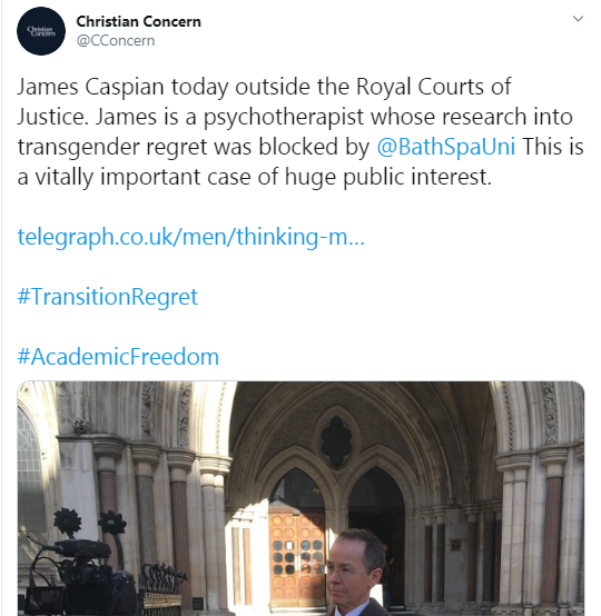 Christian legal centre have previous on  #supportingdetransitioners. They got huge media coverage for an MA student (& hypnotherapist), James Caspian, who was asked by Bath Spa university to amend his suggested research project topic on de-transitioners.