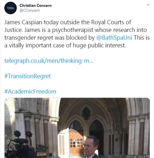 Christian legal centre have previous on   #supportingdetransitioners. They got huge media coverage for an MA student (& hypnotherapist), James Caspian, who was asked by Bath Spa university to amend his suggested research project topic on de-transitioners.