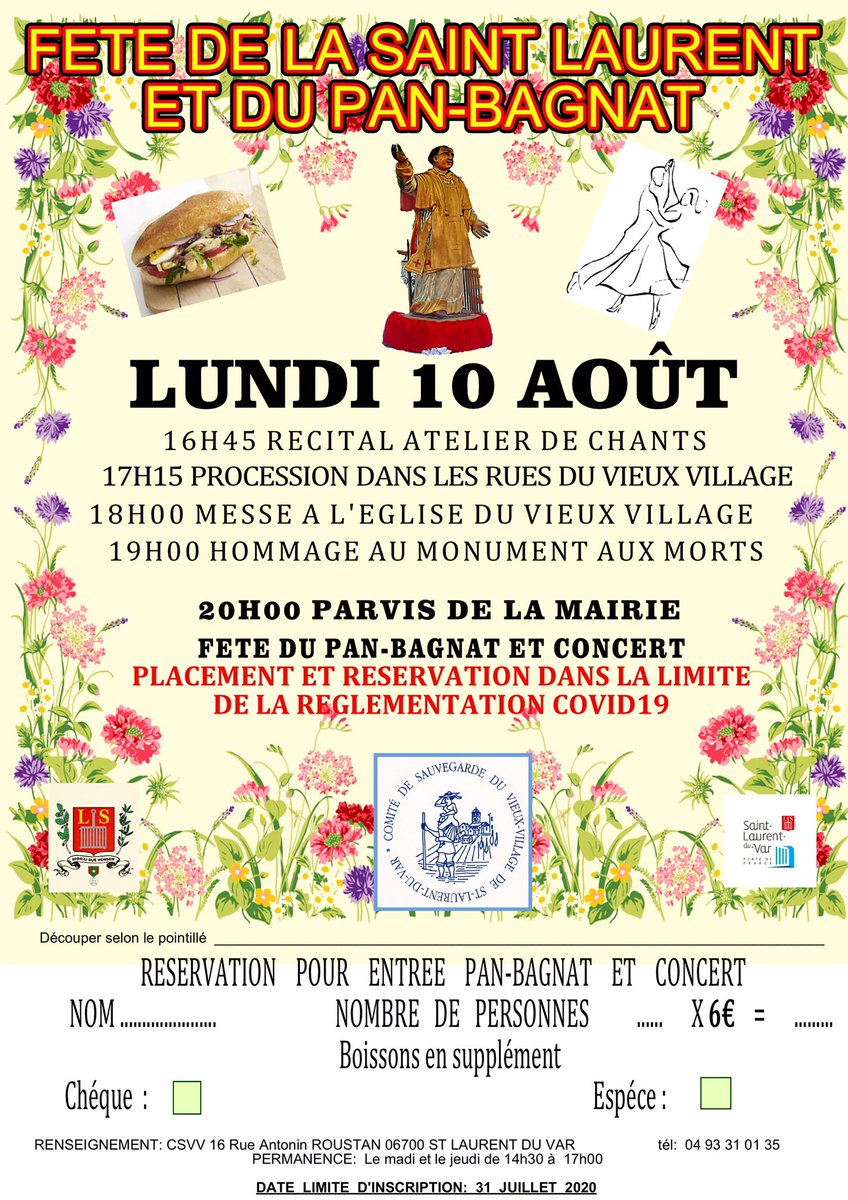AssoRVPB's tweet photo. 🗞#Festivités #Slv06 : Le 10/08 prochain, le Comite De Sauvegarde Du Vieux Village De Saint Laurent Du Var (#CSVV) organise la Fête de la Saint-Laurent et du #PanBagnat 🥙
Le programme complet ⬇️
https://t.co/b95kgeJRDu https://t.co/U3vX7svpQQ