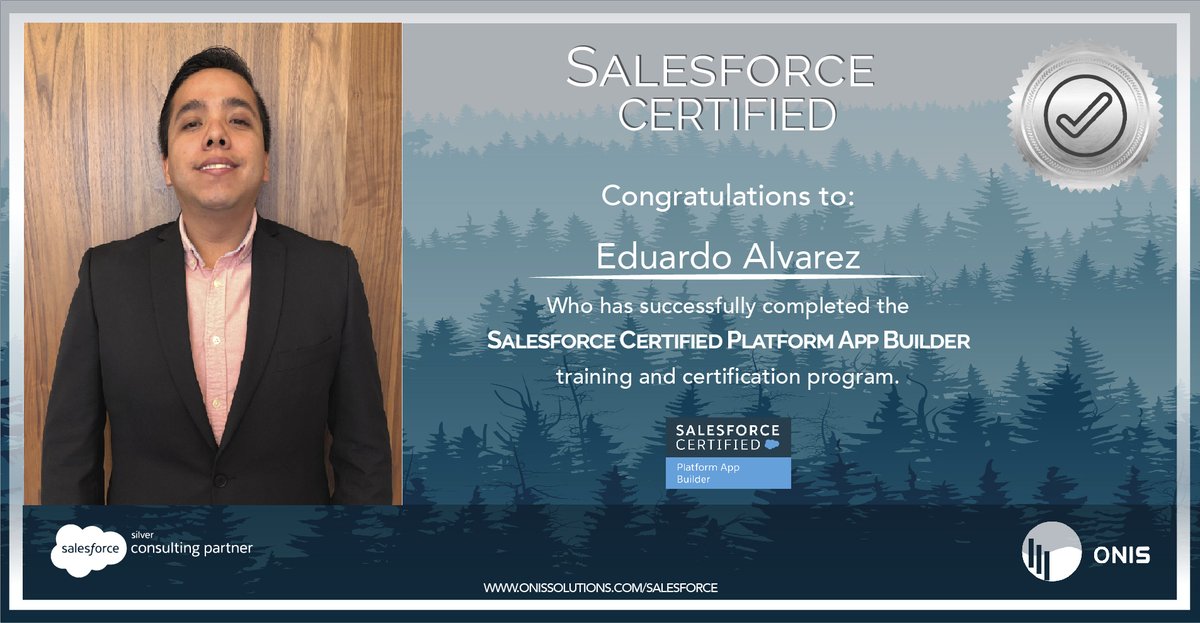 ONISSolutions's tweet photo. Congratulations to Eduardo Alvarez for earning his certification as Salesforce Platform App Builder. All your hard work on @trailhead has paid off! #OnisForce has another Salesforce certification. #blazeyourtrail #journeytosalesforcegold #salesforce #crmengineering #onissolutions https://t.co/3m3TymrKCi