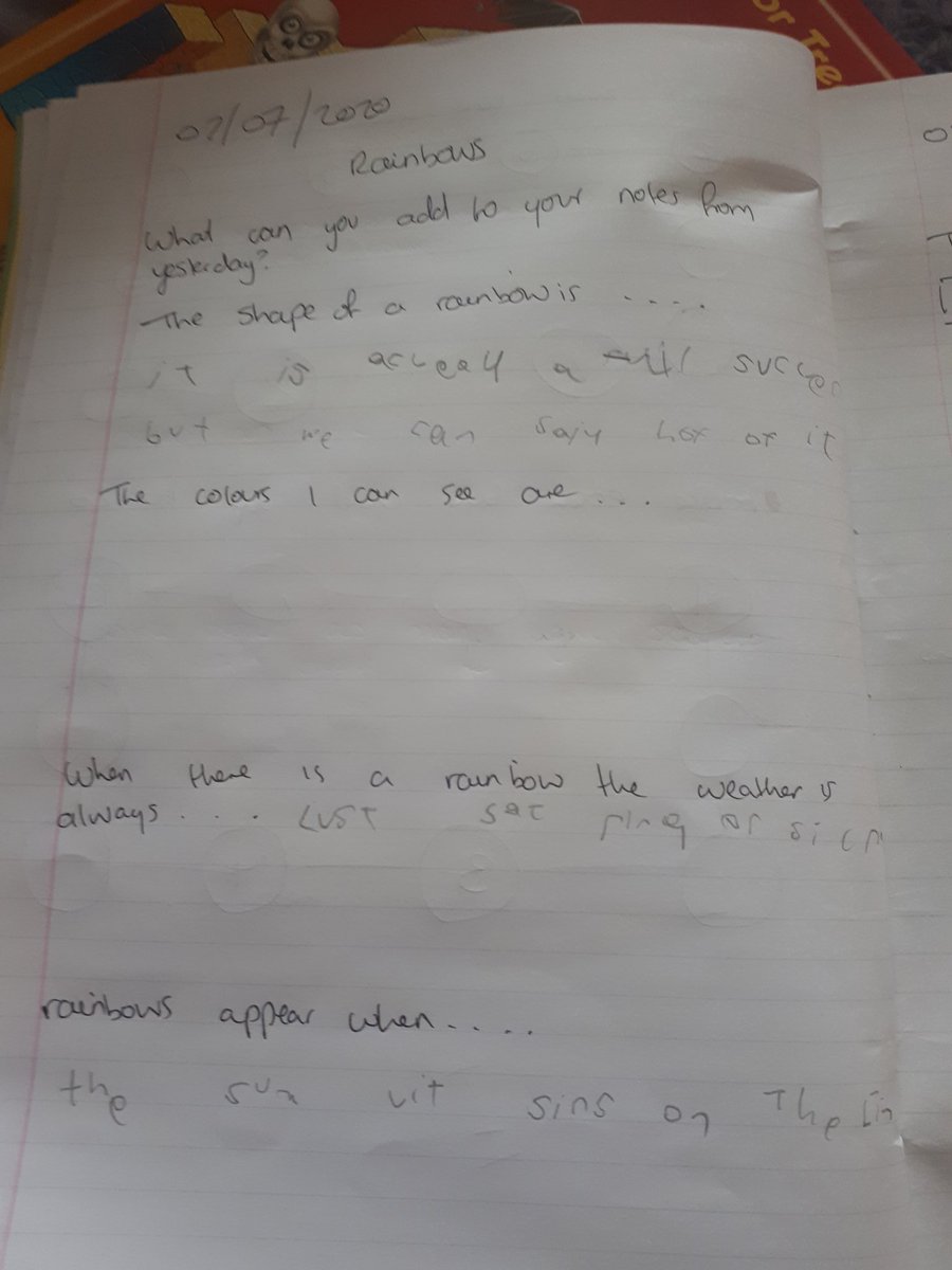 Alanarama1's tweet photo. Hes also been enjoying learning about rainbows.  I loved our discussiona and his answer "Rainbows appear so that leprechauns can get to the pot of gold". 💕💕💕 him. 

@TownvilleIS @tis_halstead @TIS_Carr https://t.co/uzZQ6wRLC7