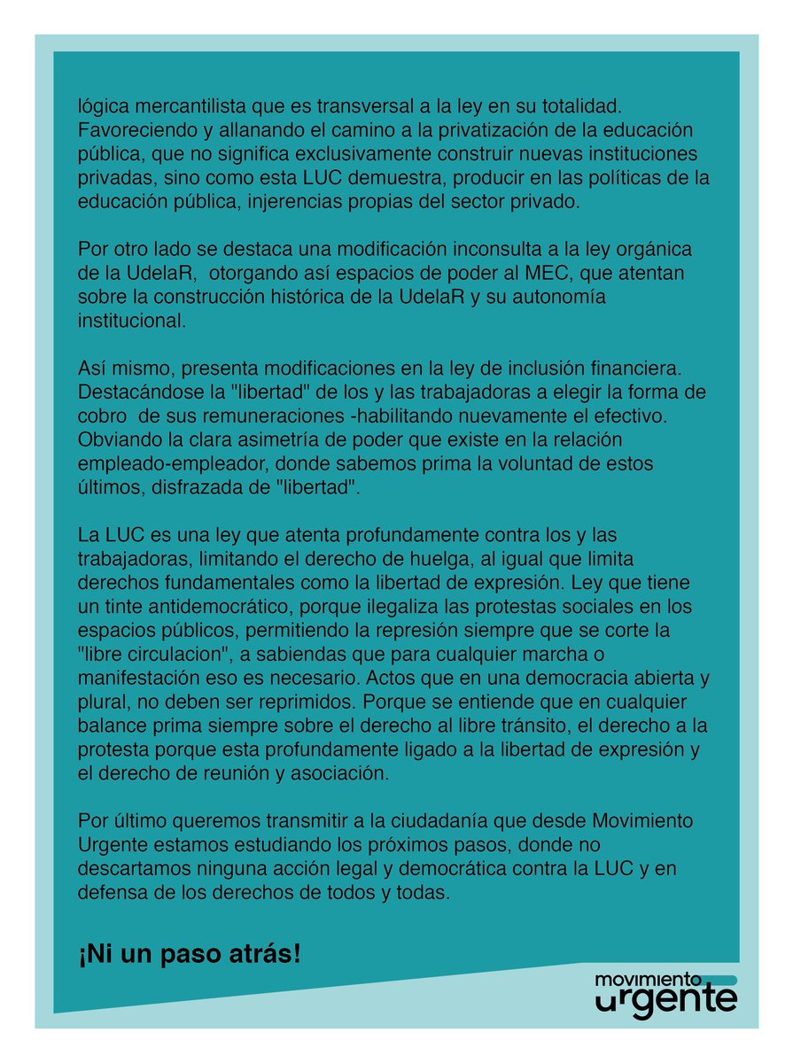 #Uruguay #LoUrgenteEs #NoALaLUC

Declaración pública de Movimiento Urgente en rechazo a la aprobación de la LUC en el parlamento.