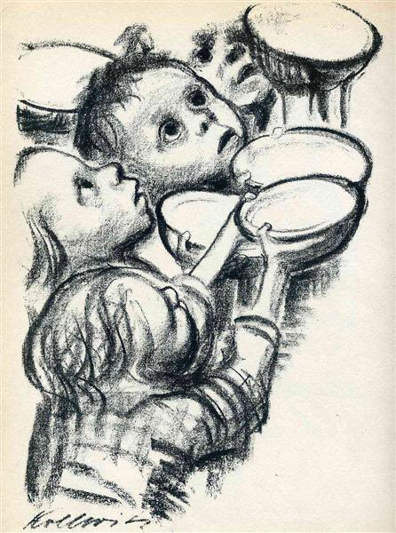 Kollwitz created her three most famous posters - Germany’s Children Starving (1924), Bread (1924) & Never Again War (1924) at a time when Germany was collapsing after the Great War. It was a time of crisis & children were the great artist’s concern