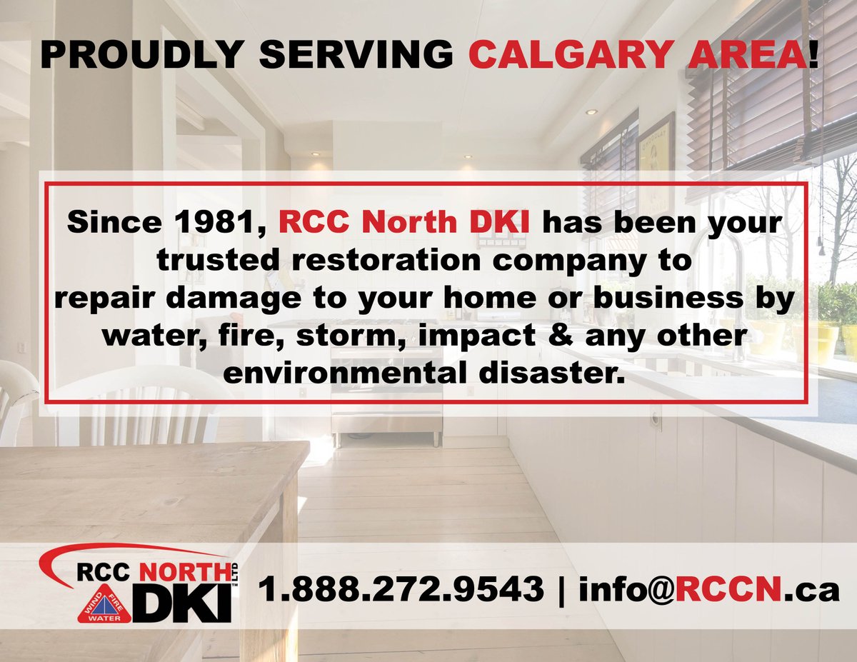 If your home or business have faced any type of damage from #wind #fire or #water trust the experts RCC North DKI to get things back on track!

We are your trusted restoration experts, proudly serving the Calgary area since 1981!

#ChooseDKI #Calgary #Alberta #RestorationExperts