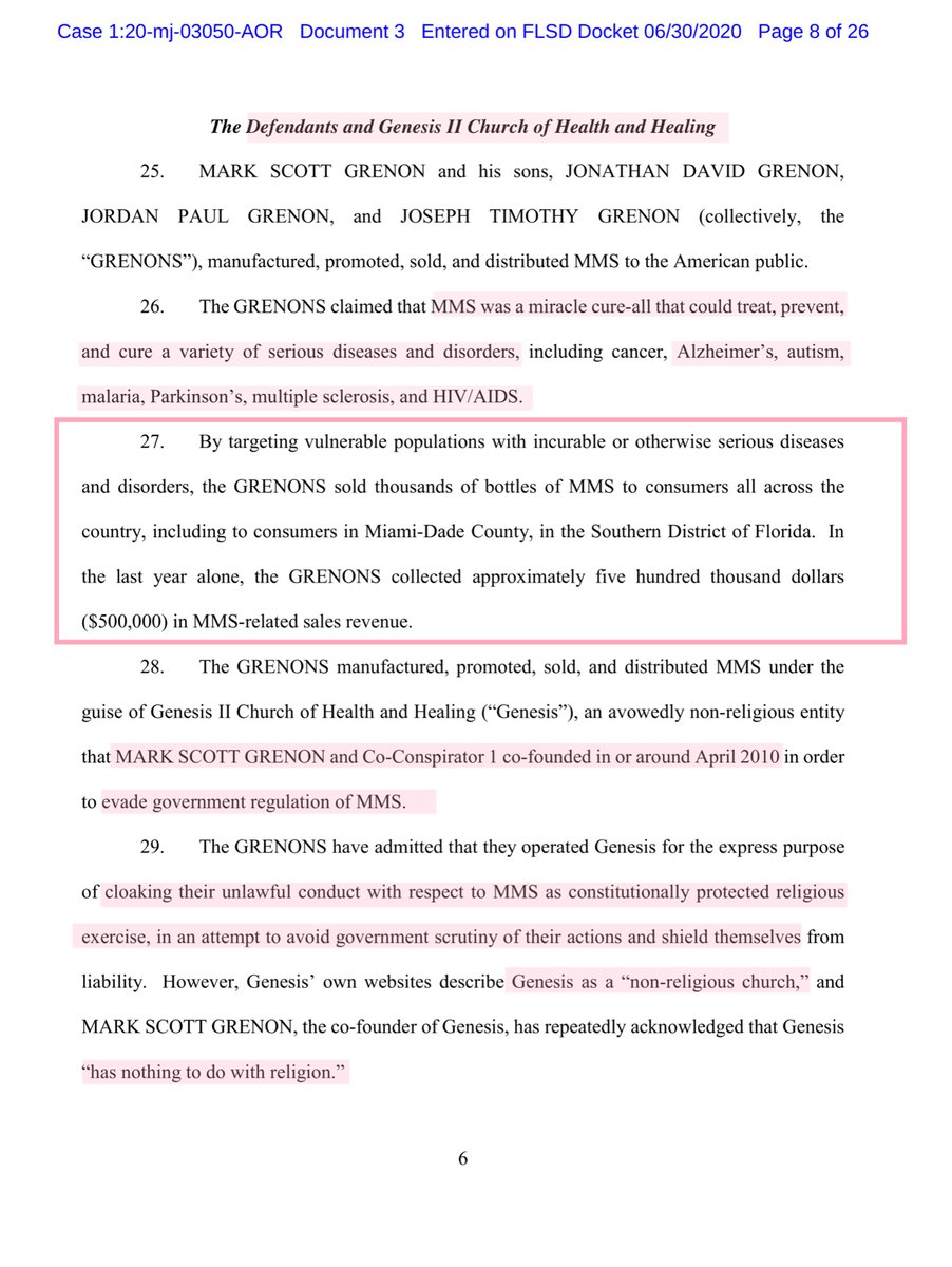 The Grenon’s used the “cloak” of a church to essentially say screw you to the Government, specifically the FDA & DOJ - today’s arrest required HazMat teams and they seized:50 gallons muriatic acid22 gallons of the finished “Miracle Mineral Solution”8,300 pounds sodium chlorite