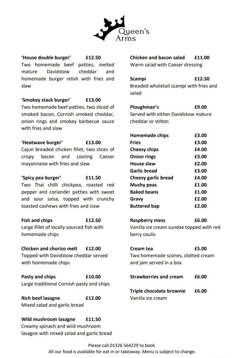 Don't forget, all the meals on our menu can now be ordered to eat in or as a takeaway, seven days a week, 12 noon through to 9pm! Children's portions also available. 
Call 01326 564229 to order. #Cornwall #EatOutToHelpOut