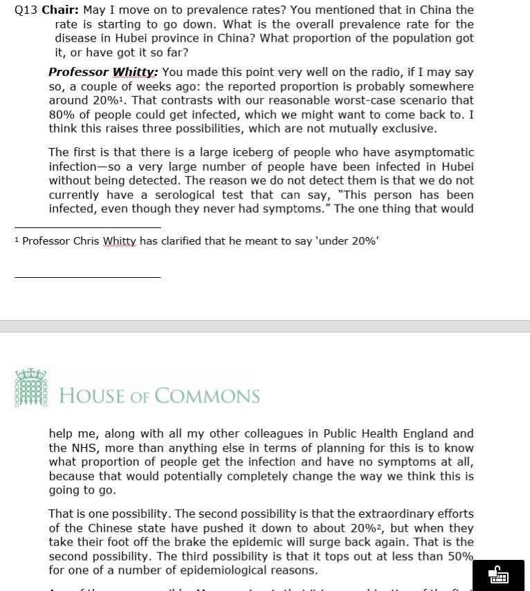 24) On 3 March, Prof Whitty is asked by a Select Committee about 'prevalence rates' of  #COVID19 in Hubei province, China.He says one possibility is “that there is a large iceberg of people who have asymptomatic infection”. @CMO_England, did you mention this to  @BorisJohnson?