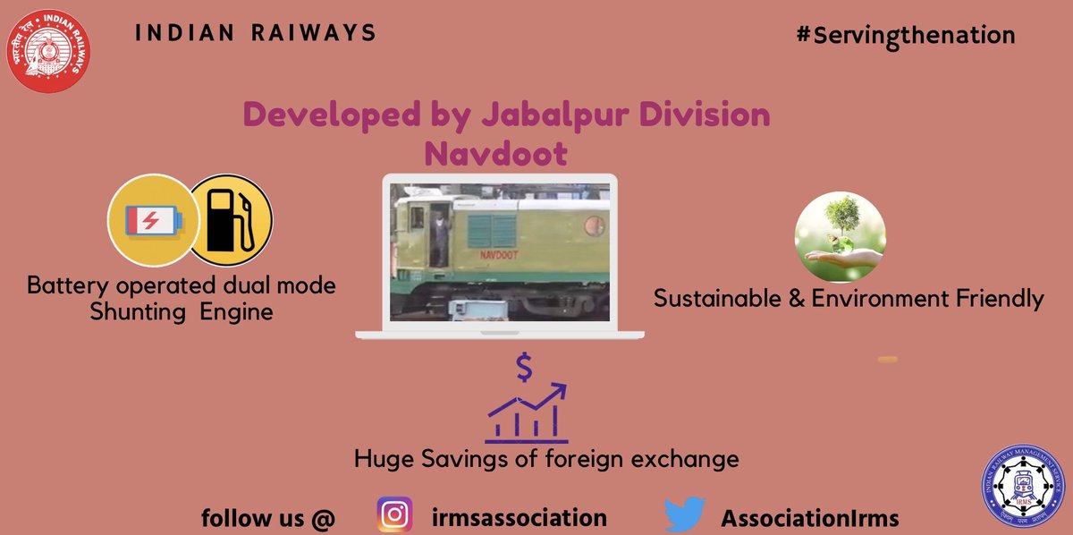 AssociationIrms's tweet photo. Indian Railways tested Dual mode, both battery and Diesel operated Locomotive. It will reduce exchequer burden and environmental degradation.
@RailMinIndia @PiyushGoyalOffc @PMOIndia @wc_railway @AlstomIndia @generalelectric @mnreindia 
#servingthenation #innovation #hybrid https://t.co/M8OEtCDUAL