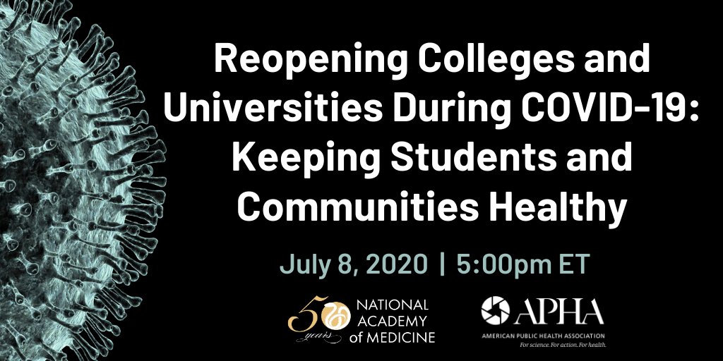 EdExcelencia's tweet photo. Join @PublicHealth &amp; @theNAMedicine for a webinar: Reopening Colleges &amp; Universities During COVID-19: Keeping Students and Communities Healthy featuring @uarizona #P4LSS @UArizonaPres to discuss considerations 4 reopening colleges &amp; universities this fall https://t.co/LM1F0wwsqH https://t.co/ujju1dlHA0