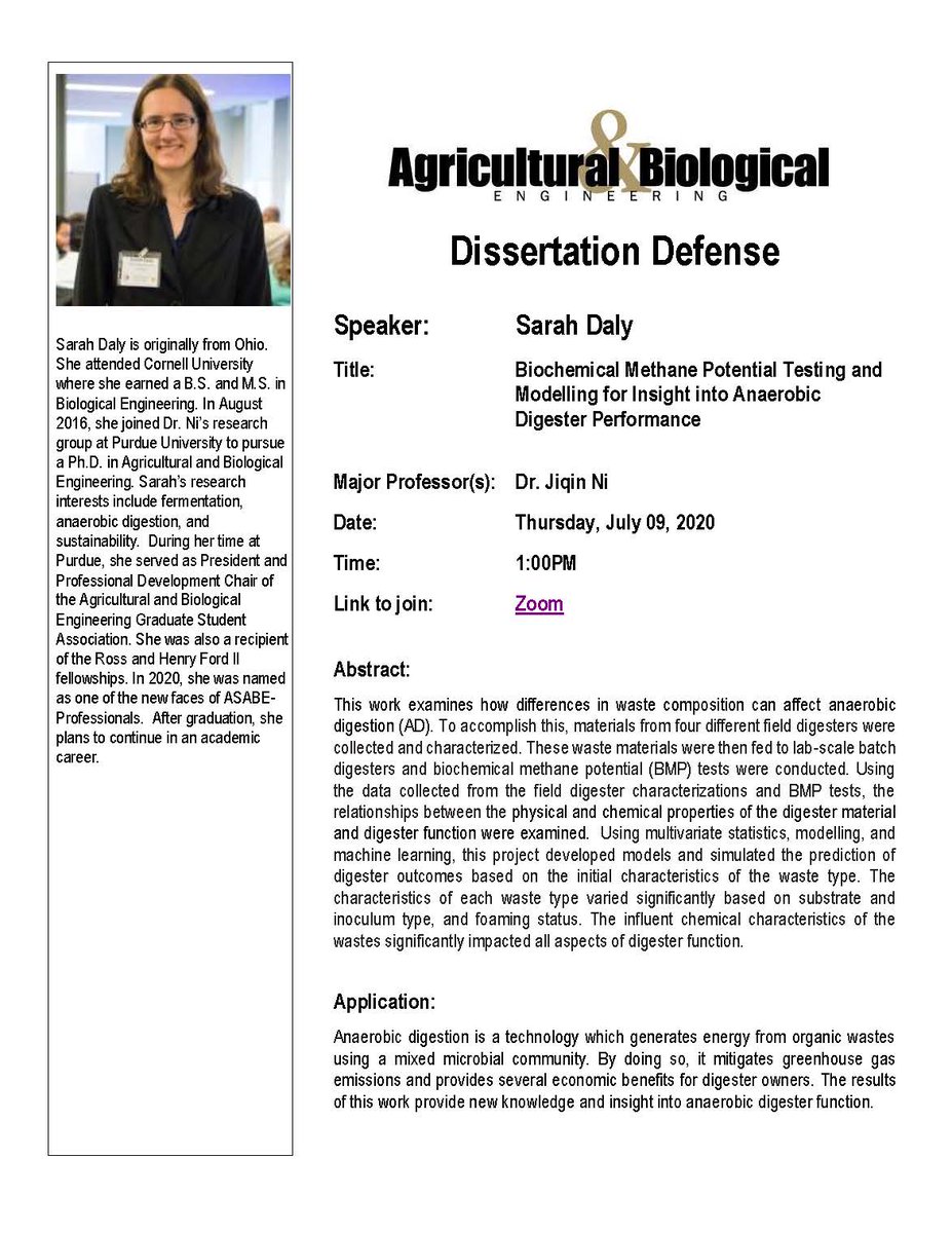 PurdueABE's tweet photo. Sarah Daly defends her dissertation, "Biochemical Methane Potential Testing and Modelling for Insight into Anaerobic Digester Performance" tomorrow afternoon at 1 pm. You've got this, Sarah! https://t.co/jFDfeW2zLZ