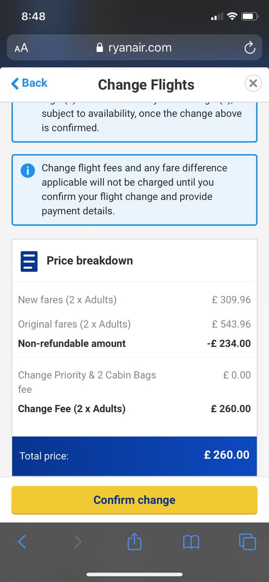 supramad2's tweet photo. Aye wait and I will @Ryanair. Hotel is closed so trying to move flights. So the new flights A YEAR FROM NOW are over £200 CHEAPER than our current flights yet you want an EXTRA £260 so you can then sell the seats TWICE! No thanks, will NEVER be flying with you again. https://t.co/62mniYBiso
