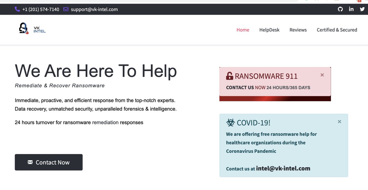 2020-07-08:🎇[Exciting] Introducing <a href="/vk_dfir/">VK Intel: Digital Forensics & Incident Response</a>: "VK Intel: Digital Forensics &amp; Incident Response" due to multiple requests &amp; business demand😉

✅Immediate &amp; efficient incident response focusing on breaches &amp; #ransomware

Contact &amp; file DFIR/malware ticket👇
vk-intel.com