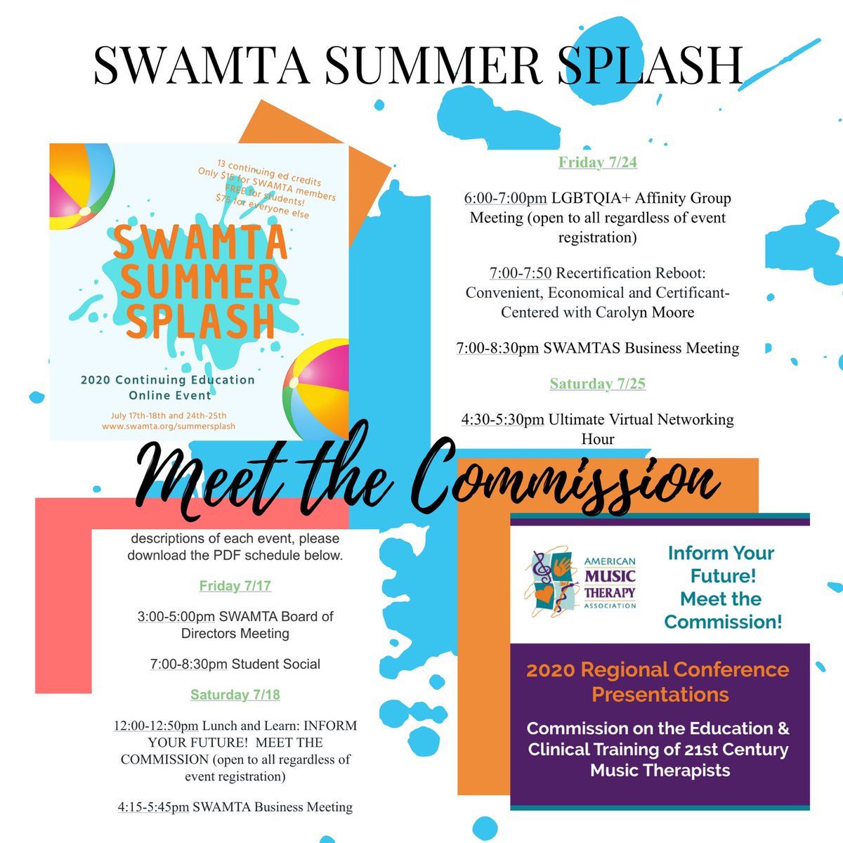SWRAMTA's tweet photo. Be sure to register for the #SWAMTA Summer Splash CMTE event! You can also meet @MTcommission! #musictherapy @AMTAInc https://t.co/ri3pkReqic