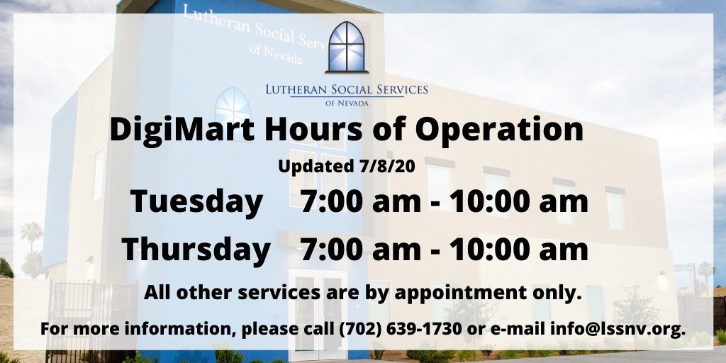 LutheranSSN's tweet photo. As the weather continues to heat up, we are adjusting the hours for our DigiMart. Beginning Thursday 7/9, our DigiMart Distributions will be held from 7:00 a.m. to 10:00 a.m. For more information on our pantry or other services, please e-mail info@lssnv.org. https://t.co/t6W4LZOgQ8