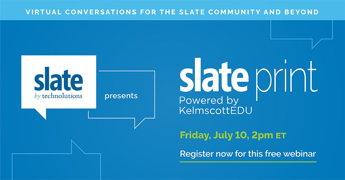 Technolutions's tweet photo. Don’t miss this Friday’s free webinar at 2pm ET!  We’ll delve into Slate Print with our Technolutions experts and @kelmscottedu Kathleen Cross.  Learn how to include automated printing to your marketing strategy! All are welcome to register: https://t.co/kGVwCKCzIj https://t.co/06wp9u6hTs