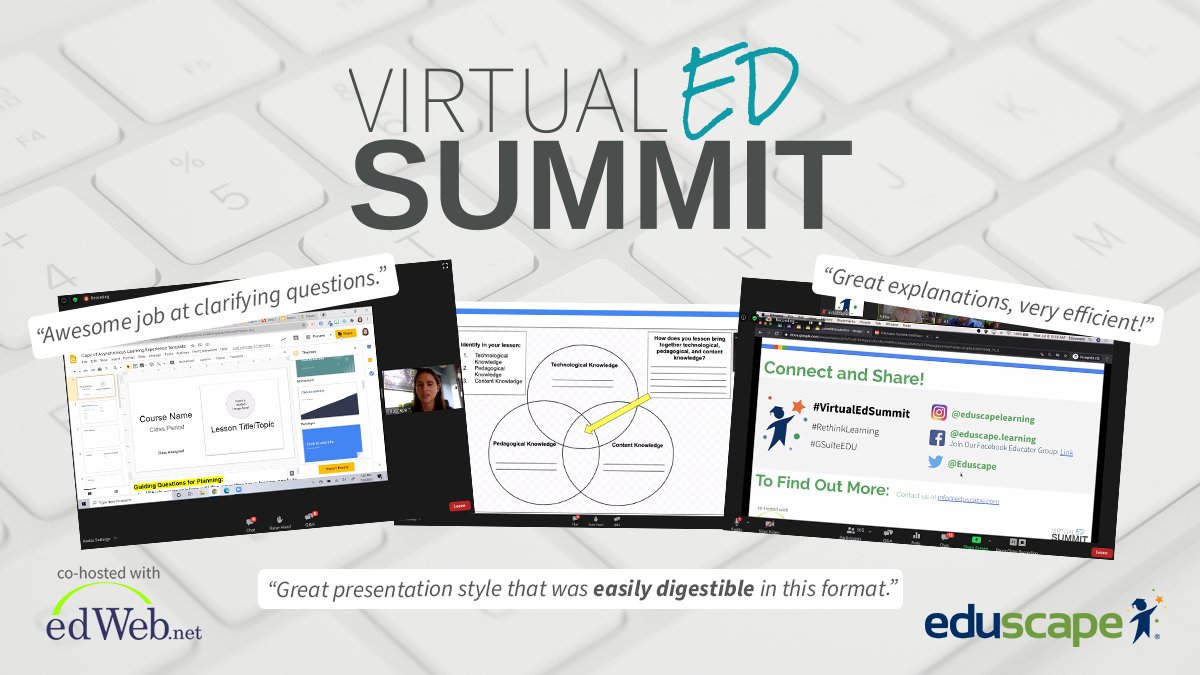 Eduscape's tweet photo. Thank you to those who joined us today for our Virtual Ed Summit with @GoogleForEdu, cohosted with @edwebnet! If you missed today's event, you have another chance on Aug. 5 - https://t.co/y9BdUu1ANx
#RethinkLearning #VirtualEdSummit #GSuiteEDU https://t.co/b9dhI5jjQA