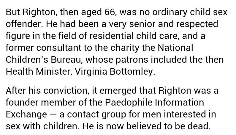But most interestingly of all is that Kitty Ussher is the niece of Tory MP Peter Bottomley and Tory peer Virginia Bottomley. Yes, Peter whose name is linked to Elm Guest House and Melanie Klein and Virginia who covered up the Peter Righton report.  https://spotlightonabuse.wordpress.com/2013/11/18/virginia-bottomley-and-the-peter-righton-report/