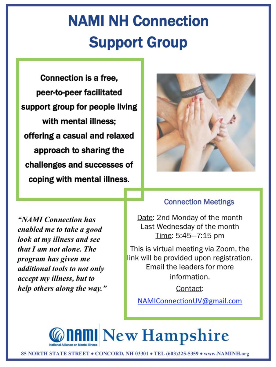 Online NAMI NH Connection Support Group now open virtually to attendees across the Granite State!  Connection is a free, peer-to-peer group for folks living w/ mental illness. Learn more &amp; register: NAMIConnectionUV@gmail.com