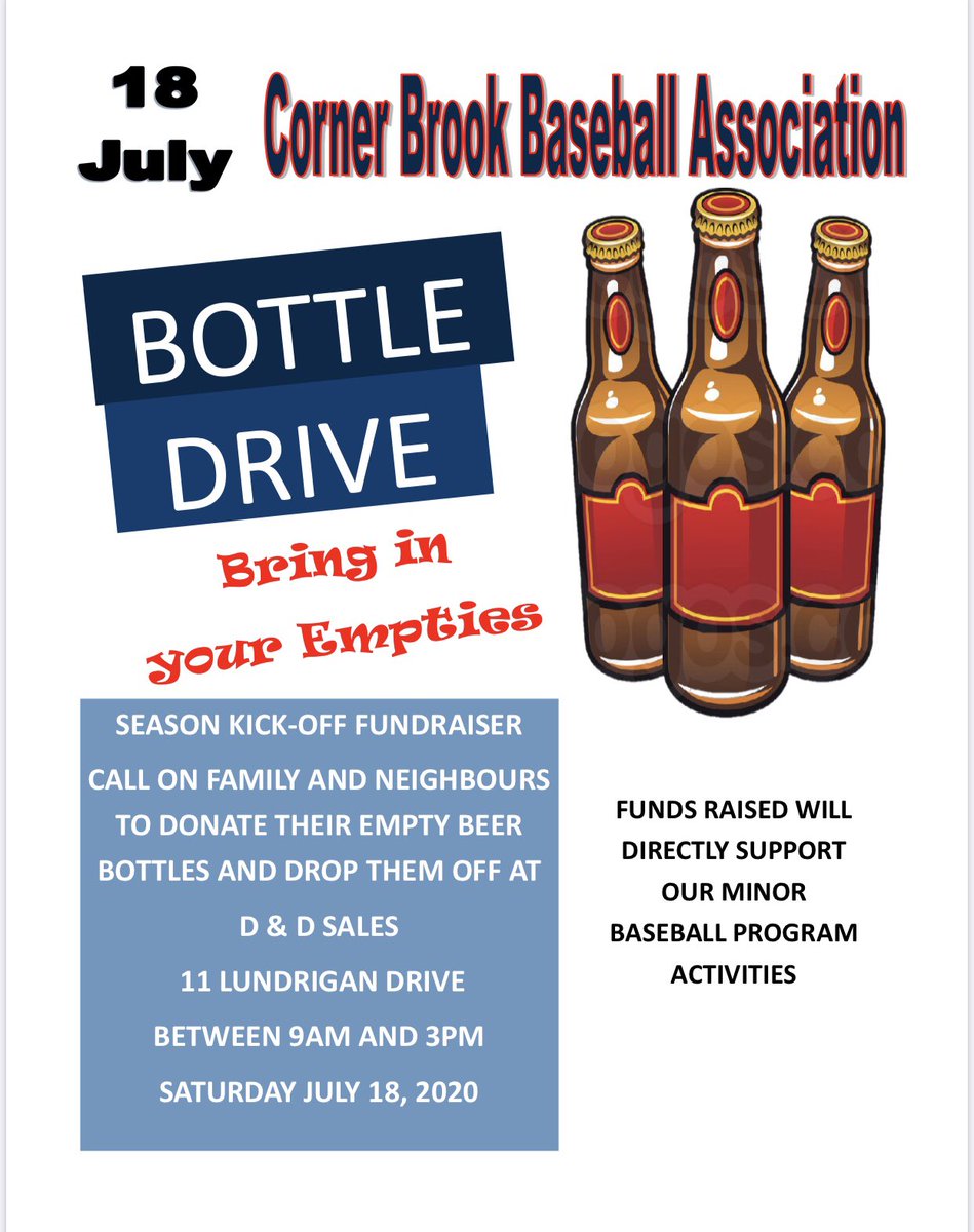 Corner Brook Baseball Association (@cbbacb) on Twitter photo Hey Folks!!
July 18th we will be having a Bottle Drive
Due to Covid-19 we will not be going door to door, but instead are asking member of CBBA, as well as family members and friends to donate by dropping their bottles off at D&D sales on July 18th!
<a href="/boiradio/">100.1 BAY FM</a> <a href="/BerniceCBC/">Bernice Hillier</a> Hey Folks!!
July 18th we will be having a Bottle Drive
Due to Covid-19 we will not be going door to door, but instead are asking member of CBBA, as well as family members and friends to donate by dropping their bottles off at D&D sales on July 18th!
<a href="/boiradio/">100.1 BAY FM</a> <a href="/BerniceCBC/">Bernice Hillier</a>