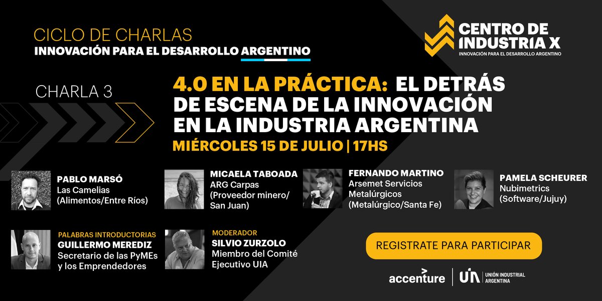 Los invitamos a la próxima charla del #CentrodeIndustriaX que daremos junto a @Accenture_AR: “4.0 en la práctica: El detrás de escena de la innovación en la industria argentina”. Para inscribirse: bit.ly/Charla3CdeIndu…