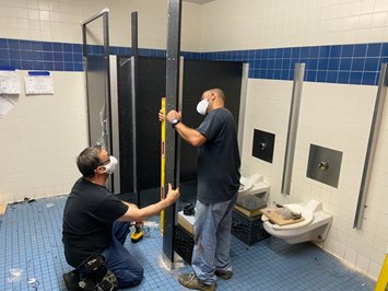pvdschools's tweet photo. Aramark crews are in our schools every day making important upgrades to our facilities. This week, bathroom doors and partitions are being upgraded at elementary schools across the District, like @VeazieLions, @HarryKizirianES and @VGregorianES. #PPSDfall2020 https://t.co/MghsD3Wkxb