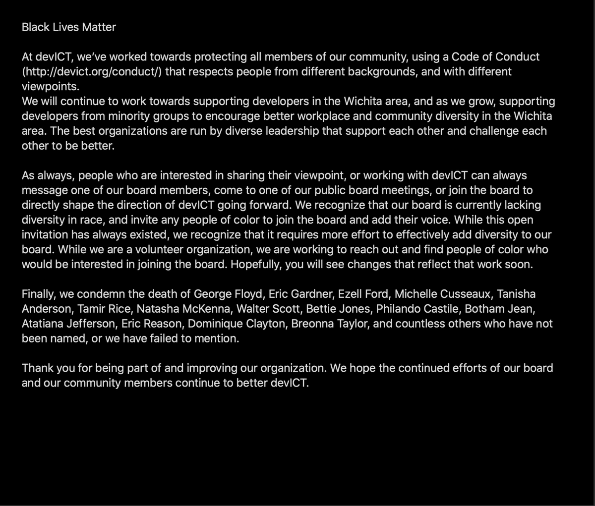 dev_ict's tweet photo. We, the board of devICT, stand with #BlackLivesmatter. As always, feel free to check out our Code of Conduct https://t.co/Dp5h9uGvX5 or email anyone of us on the board. https://t.co/S4A4lFBikw You can also join us on Slack. https://t.co/RuVEi8rURn https://t.co/UMTy0Nw6Kp