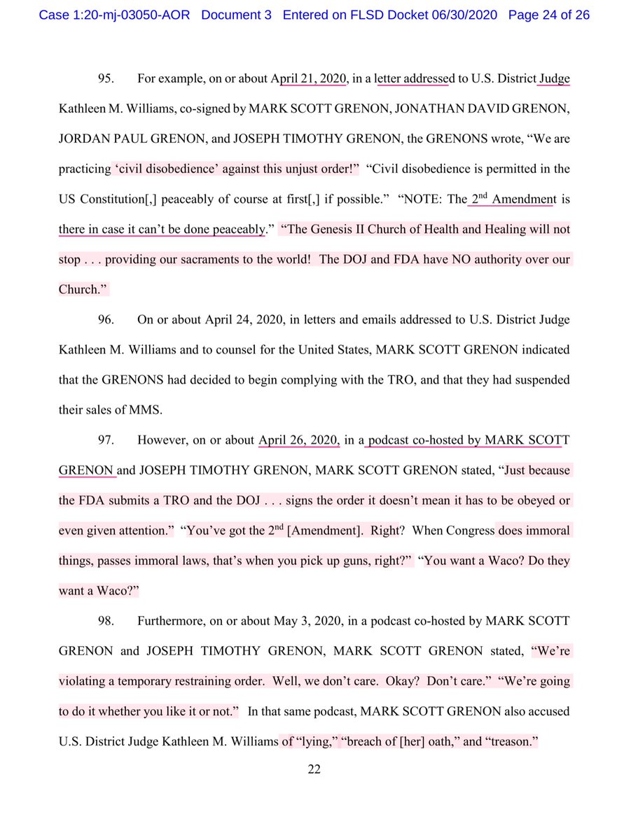 The threats towards the USAO & an Article III JudgeFor example“ 2nd Amendment is there in case it can’t be done peaceably.” “will not stop..providing our sacraments to the world! The DOJ and FDA have NO authority over our Church... “You could be taken out, Ms. Williams”