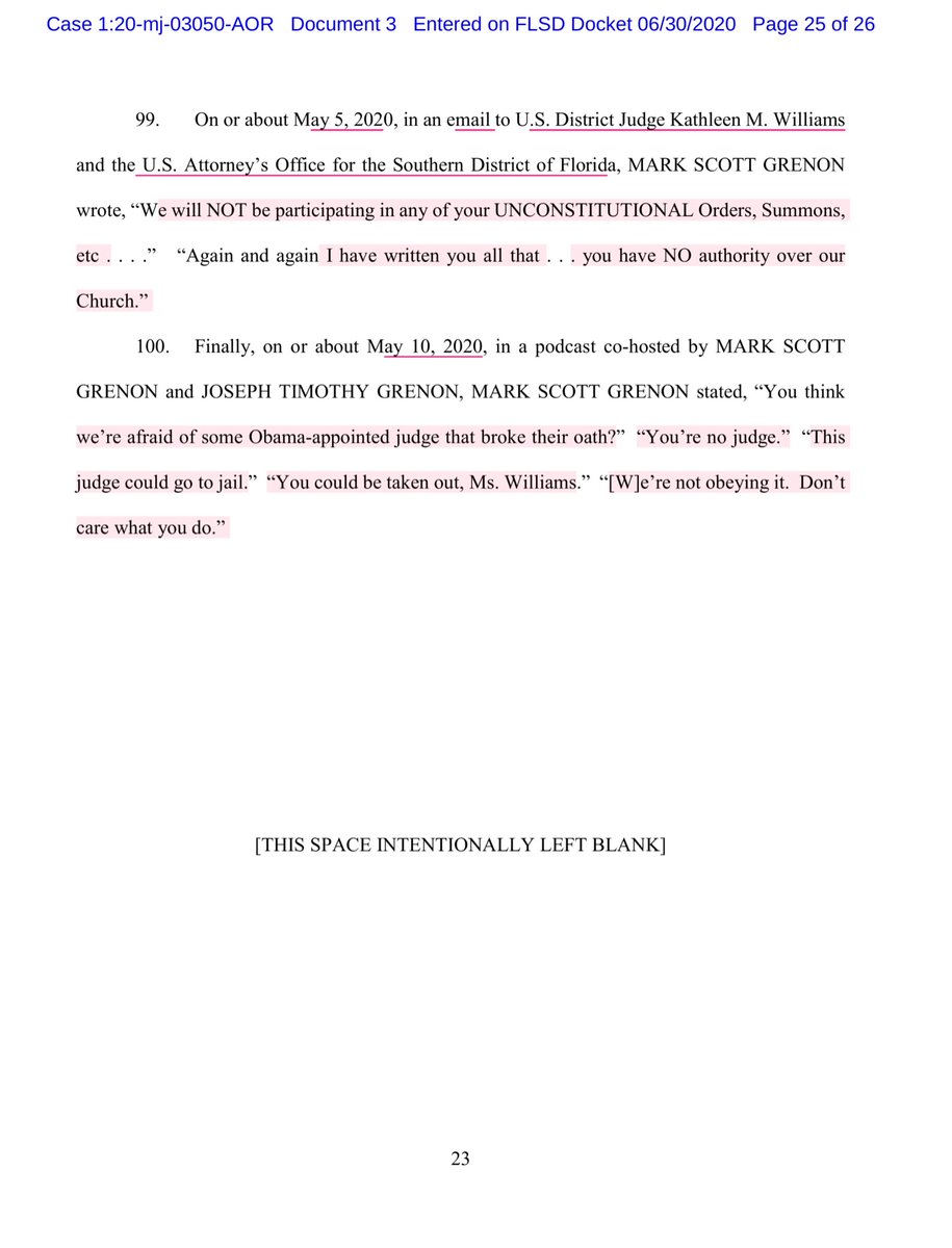 The threats towards the USAO & an Article III JudgeFor example“ 2nd Amendment is there in case it can’t be done peaceably.” “will not stop..providing our sacraments to the world! The DOJ and FDA have NO authority over our Church... “You could be taken out, Ms. Williams”