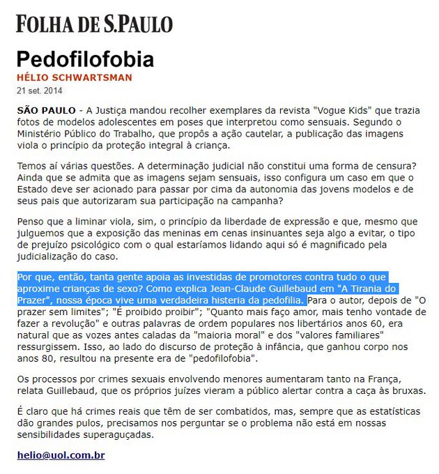 danielPMERJ's tweet photo. Helio Schwartsman, aquele blogueiro que desejou de forma escancarada a morte do presidente @jairbolsonaro, escreveu um artigo em 2014 na Folha revelando sua indignação com o fato da sociedade ser contra a pedofilia, chamando inclusive de histeria.
Criatura execrável! https://t.co/rx4HjHc8EC