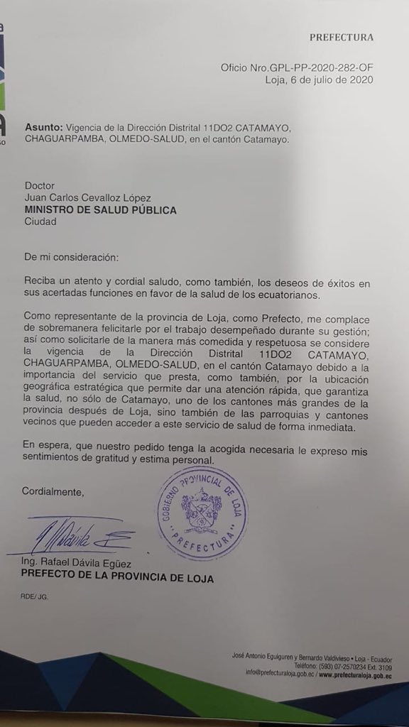 Sr. Ministro de <a href="/Salud_Ec/">Ministerio de Salud Pública 🇪🇨</a> , <a href="/DrJuanCZevallos/">Dr. Juan Carlos Zevallos</a> creemos en los Servicios Públicos, por ende los defendemos. "NO a la eliminación de la presencia institucional en territorio en #CATAMAYO."

<a href="/Lenin/">Lenín Moreno</a> <a href="/RafaelDavilaE/">Rafael Dávila Egüez</a> 
 #NO_AM_00019 #Z7_11D02