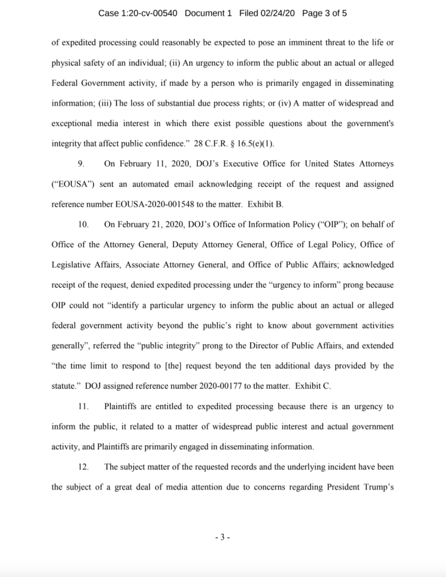 NEW: Another  #FOIA WIN at US District Court this morning (thread)Back in February I/ @BuzzFeedNewsfiled a  #FOIA lawsuit for a wide-range of records related to AG Barr's intervention in the Roger Stone case. Importantly, I sought expedited processing. 1/