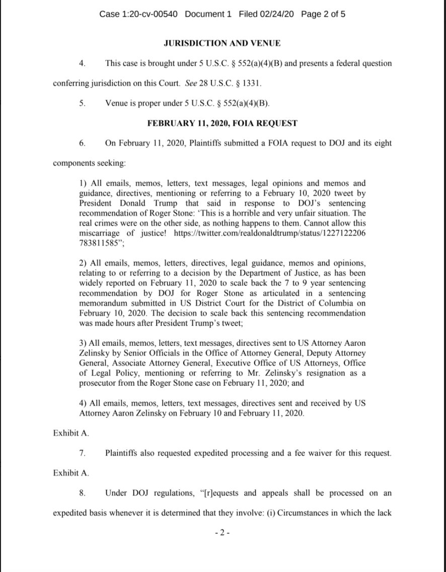 NEW: Another  #FOIA WIN at US District Court this morning (thread)Back in February I/ @BuzzFeedNewsfiled a  #FOIA lawsuit for a wide-range of records related to AG Barr's intervention in the Roger Stone case. Importantly, I sought expedited processing. 1/