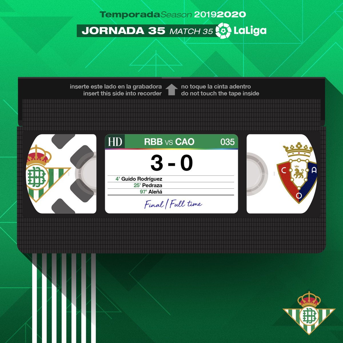 RealBetis's tweet photo. 97’ ⏱⚽ ¡Final del partido en el Benito Villamarín!

💚⚪ #RealBetisOsasuna 3-0 🔴🔵

#DíaDeBetis https://t.co/xBsfAZRZej
