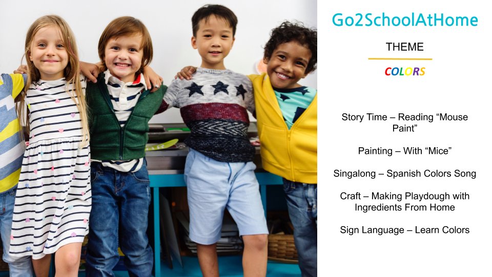 Go2sNetwork's tweet image. Now Available - Go2SchoolAtHome! The free, #onlinepreschool curriculum created by veteran educators and delivered in weekly installments. This week, get hands-on with COLORS! Head over to go2s.com/group/go2schoo… to download the free content. #learnathome #distancelearning