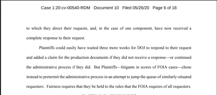 When DOJ failed to respond to our request for expedited processing, I/ @BuzzFeedNews sued. The government moved to dismiss the case saying we should have waited and in the process sought to disparage me personally in their various court filings. 2/