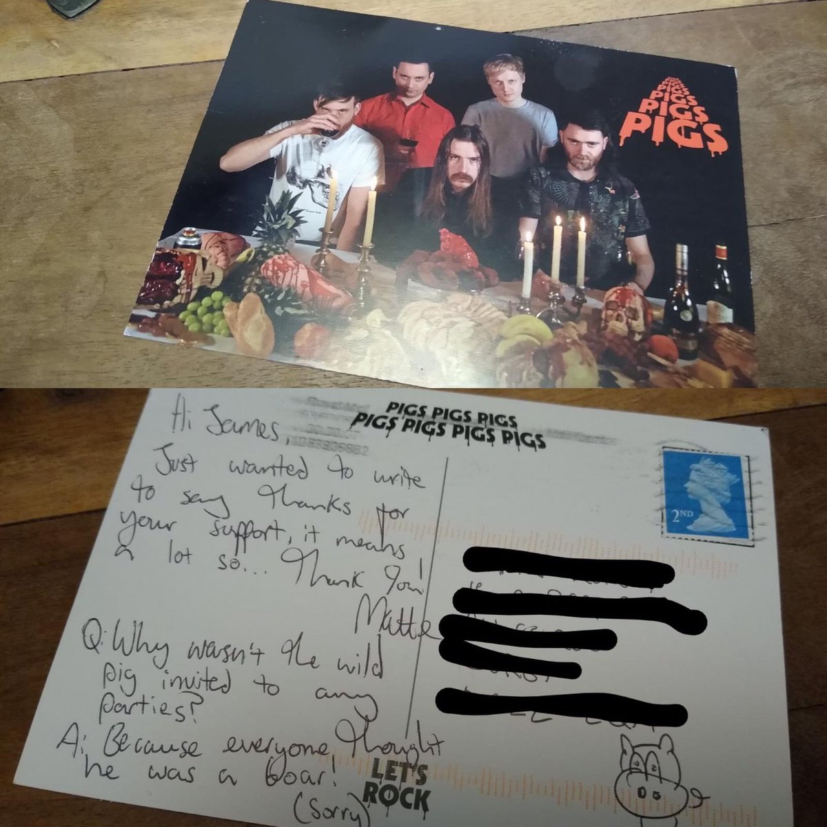 Jimbovski's tweet photo. Received a @Pigsx7 postcard the other day. "That's cool" thinks me, "I wonder who that's from"? Turns it over. IT'S ONLY FROM THE FUCKING BAND! What a cool gesture. Top lads. Top band. Can't wait for the rescheduled dates next year! 🤘 #properband https://t.co/cyrCZ00RnZ