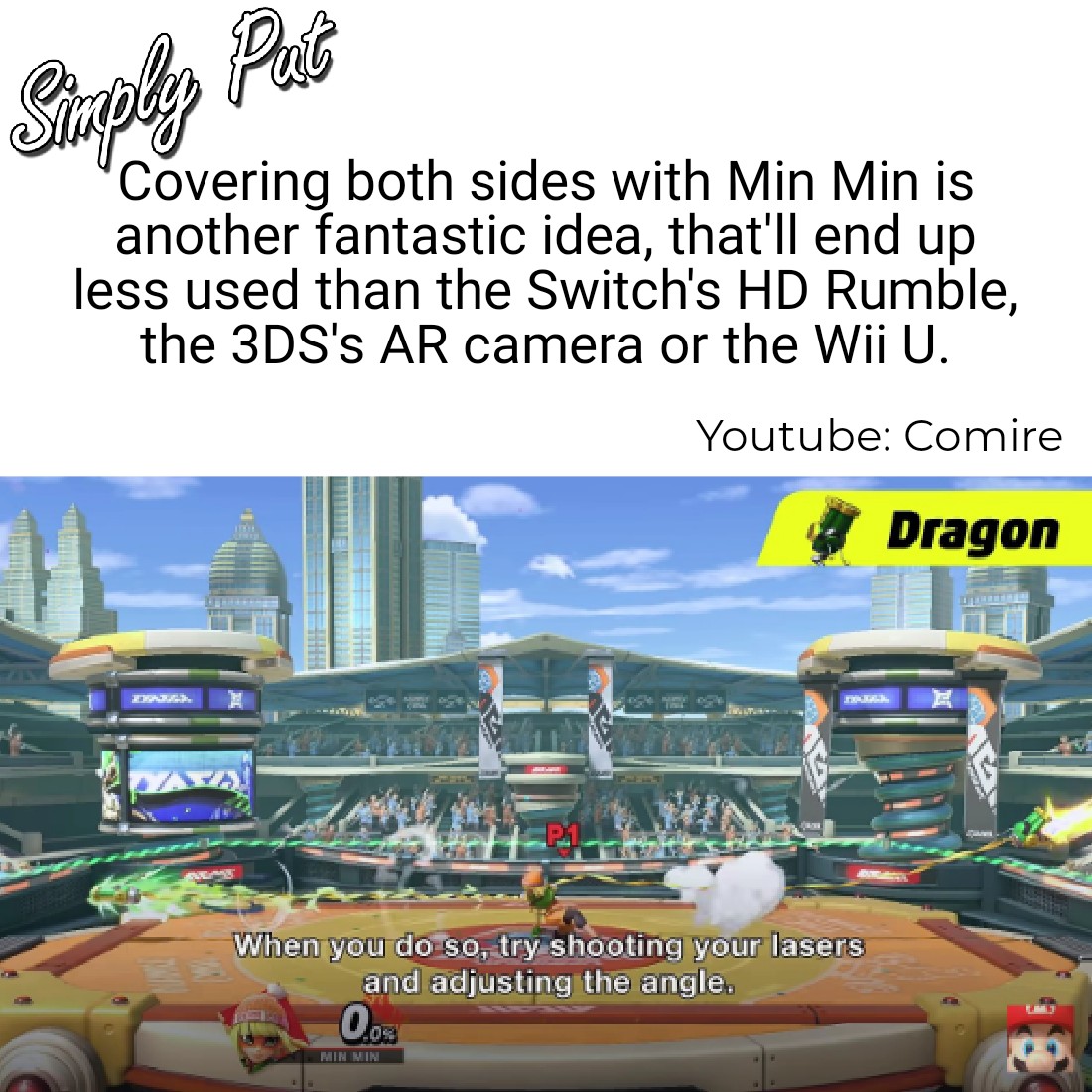 JoshuaComire's tweet photo. Covering both sides with #MinMin is another fantastic idea, that'll end up less used than the Switch's HD Rumble, the 3DS's AR camera or the Wii U.

#SmashBros #SmashBrosUltimate #SuperSmashBrosUltimate #SSBU #Arms #MinMinForTheWinWin #gaming #NintendoSwitch #nintendo #WiiU #3DS https://t.co/5Mf9NOGKLK