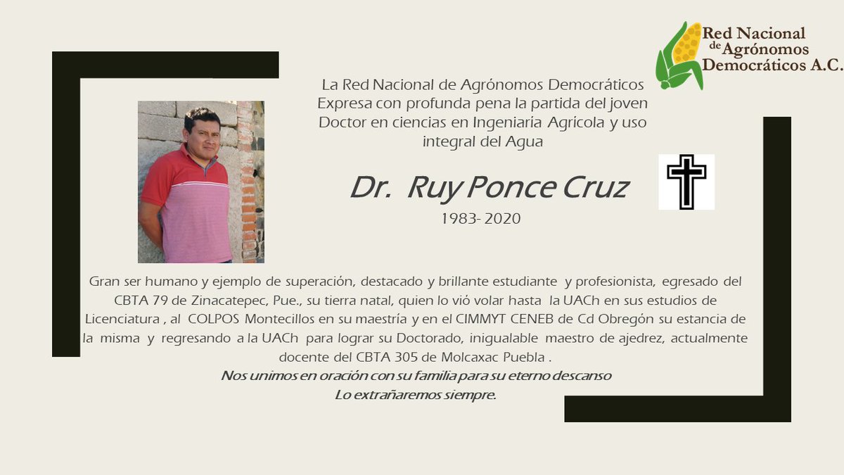 Con profundo pesar hacemos de conocimiento esta lamentable noticia, otro gran ser humano que se nos va... <a href="/colpos/">Colegio de Postgraduados</a> <a href="/uach_chapingo/">Chapingo - Oficial</a> @uemstaycmpuebla